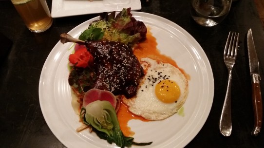 duck, confit, fried egg, meat, entree, dish, dinner, salad, brussel sprouts, Montreal, Les Deux Singes, Two Monkeys